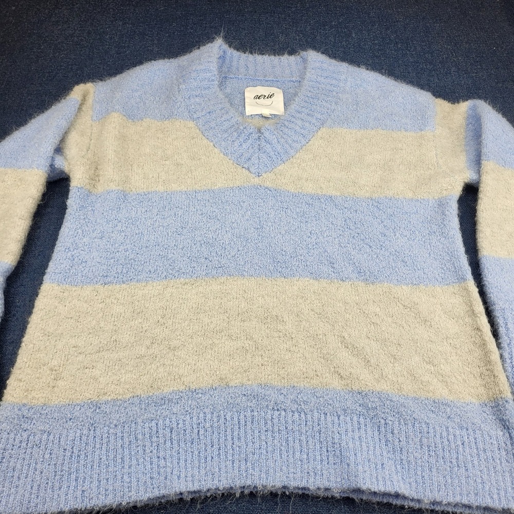 Aerie Blue Cream Striped Fuzzy V-Neck Sweater Womens Med Relaxed Knit Pullover